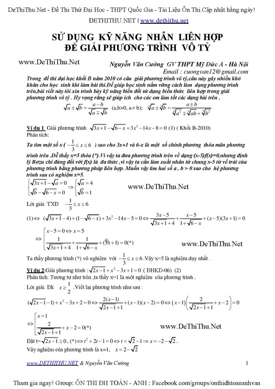 Giải phương trình vô tỷ ( chứa căn ) bằng phương pháp liên hợp